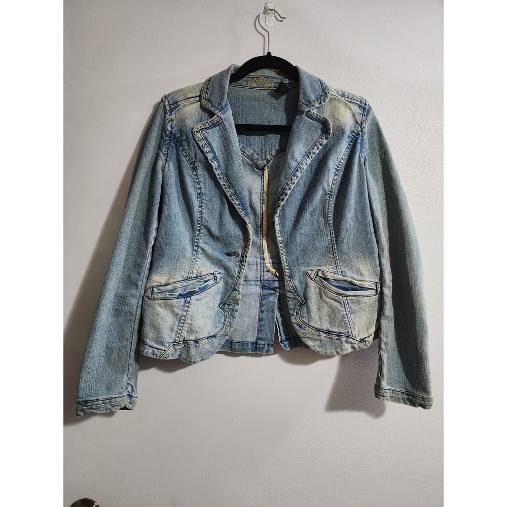 Kikit Jeans Women Blue Denim Blazer Jacket Light Wash Stretch Single Button M